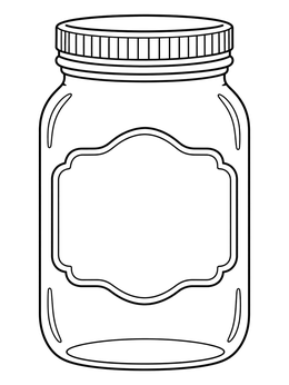 An empty mason jar coloring page with a decorative blank label on the front.