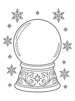 An empty snowglobe coloring page with ornate scrollwork on the base and floating snowflakes.