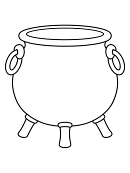 A simple cauldron coloring page featuring an empty pot with side ring handles and three legs.