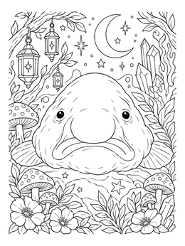 A detailed blobfish coloring page surrounded by magical mushrooms, lanterns, and crystals under a crescent moon.