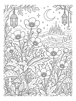 A buttercup flower coloring page showing a caterpillar on leaves with lanterns, mushrooms, and a distant castle.