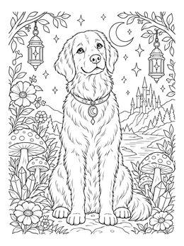 A magical dog coloring page featuring a golden retriever sitting among crystals, mushrooms, and lanterns.