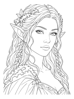 An elf maiden with braided hair and leaves on this portrait coloring page.