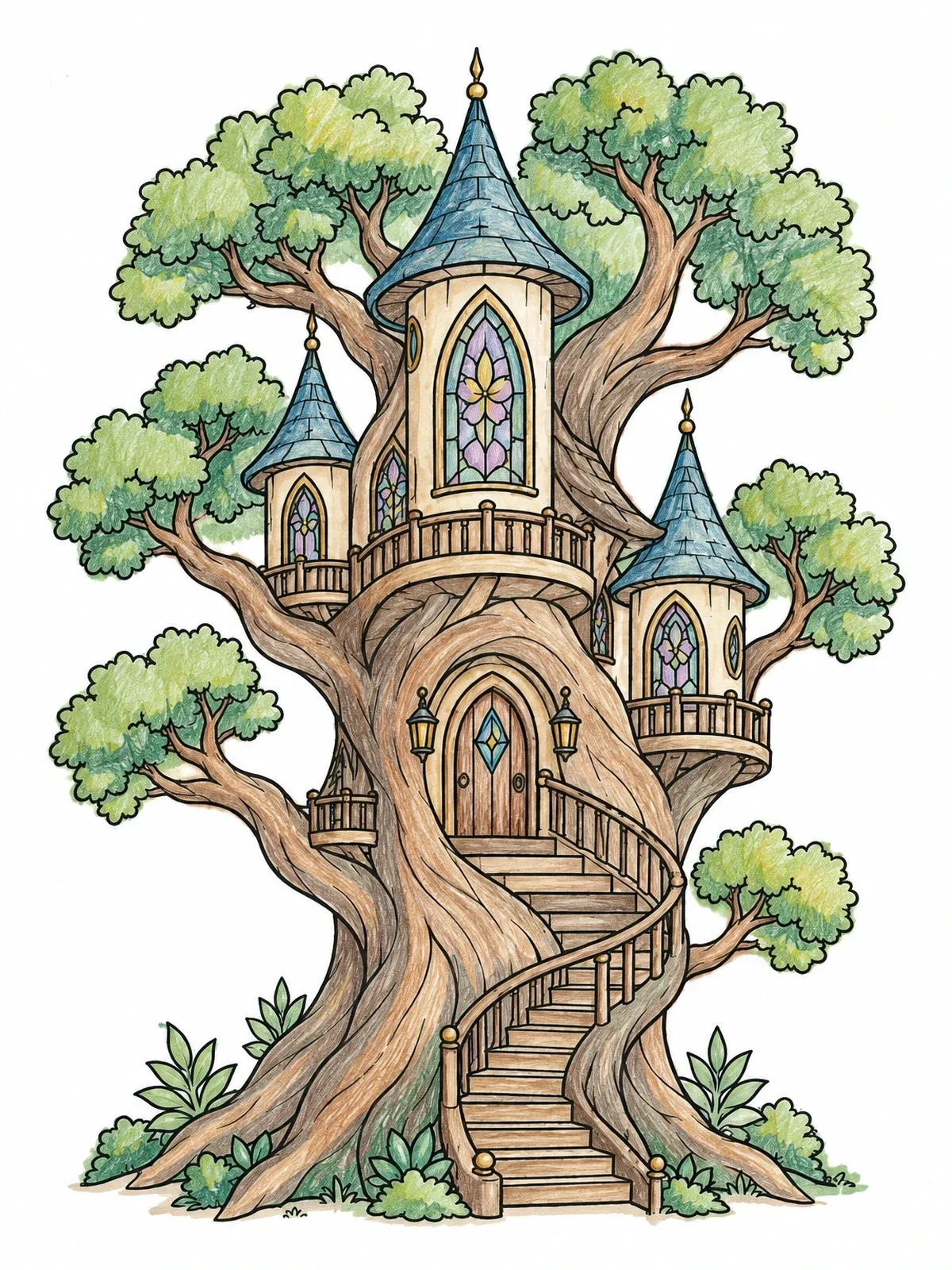 Colored example of the Enchanted Fairy Treehouse Castle coloring page