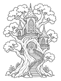 Free printable Enchanted Fairy Treehouse Castle coloring page