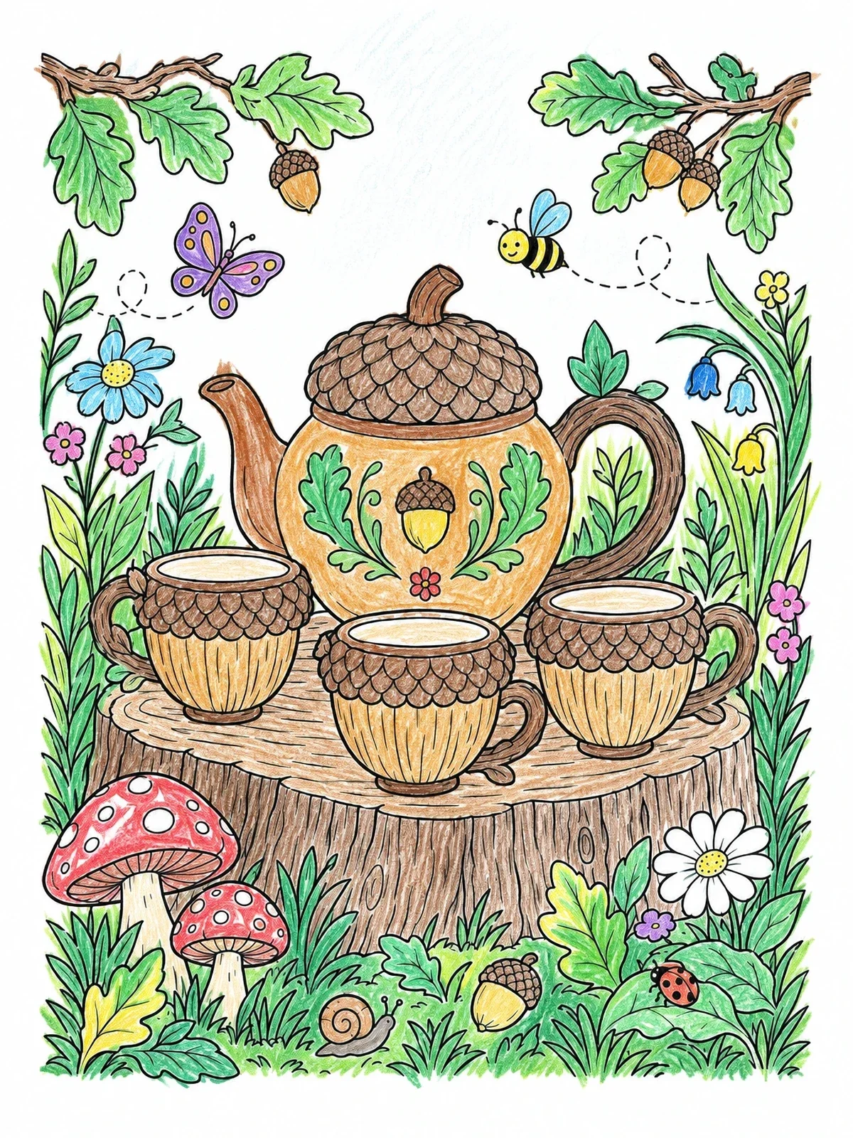 Colored example of the Acorn Tea Set In The Forest coloring page