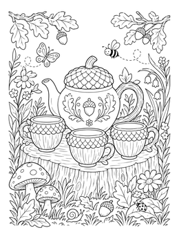 Free printable Acorn Tea Set In The Forest coloring page