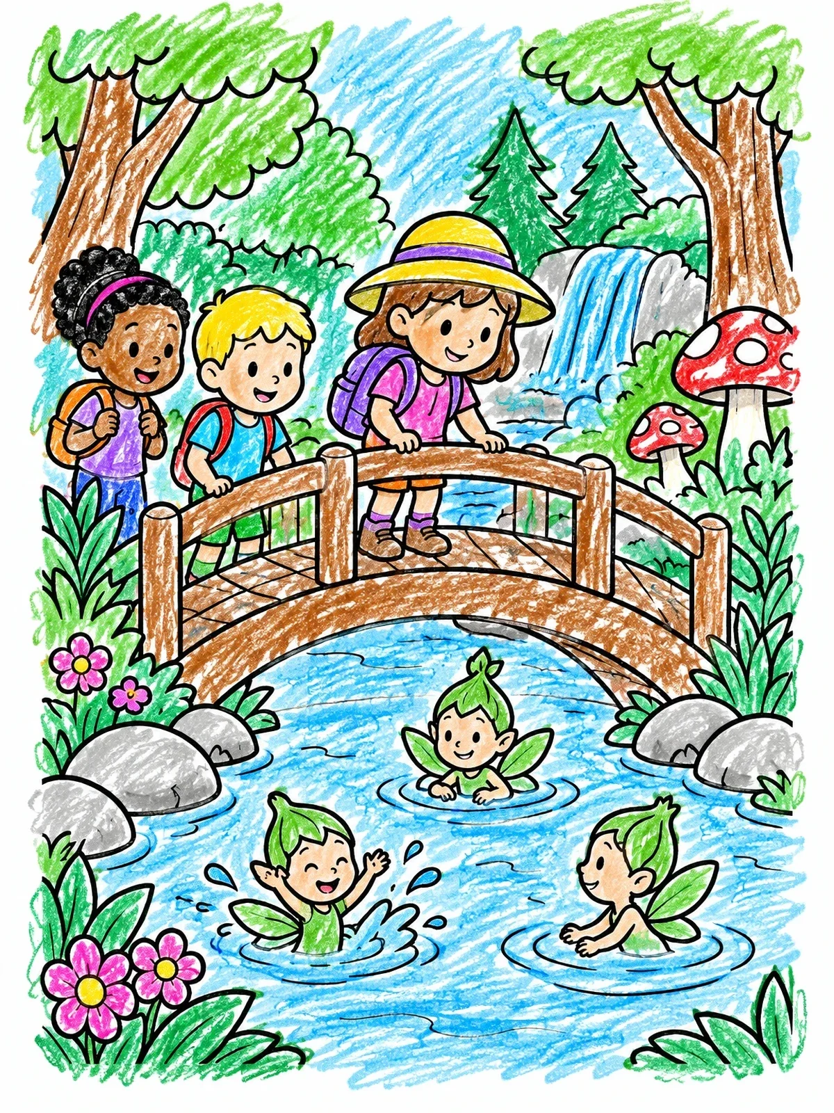 Colored example of the Young Explorers Watching Water Sprites coloring page