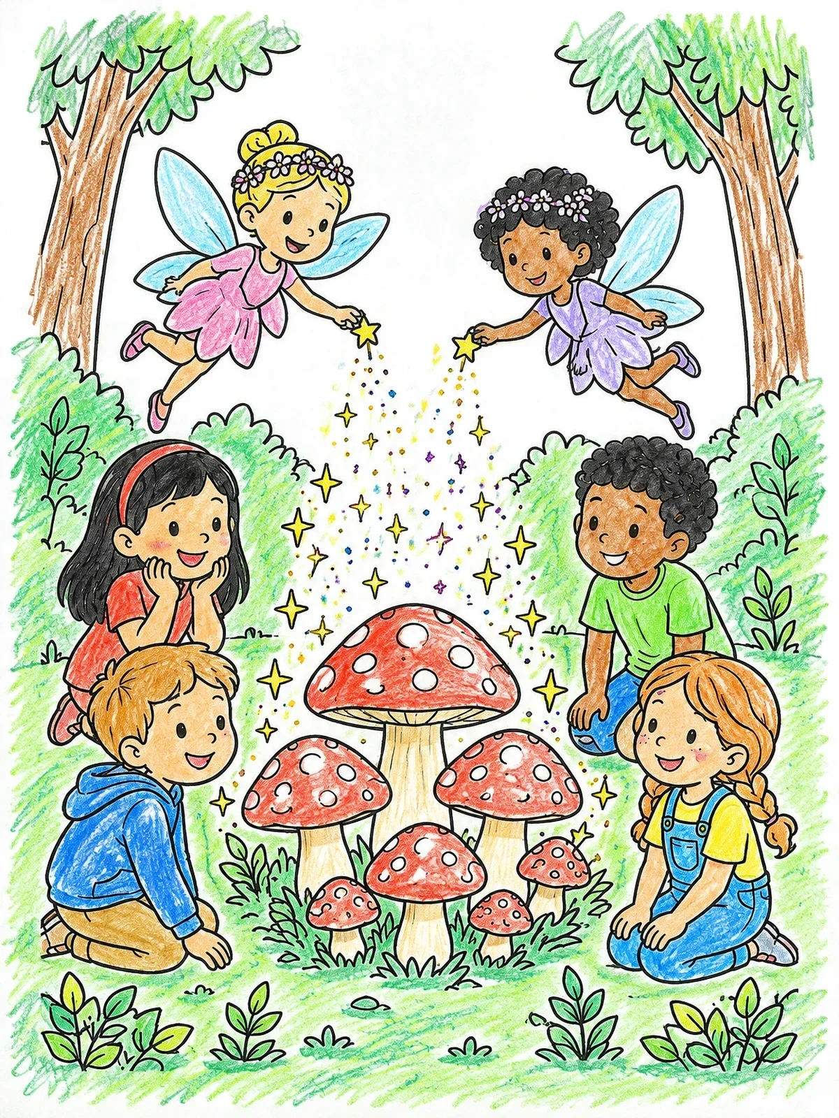 Colored example of the Fairies And Children Around Toadstools coloring page