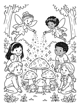 Free printable Fairies And Children Around Toadstools coloring page