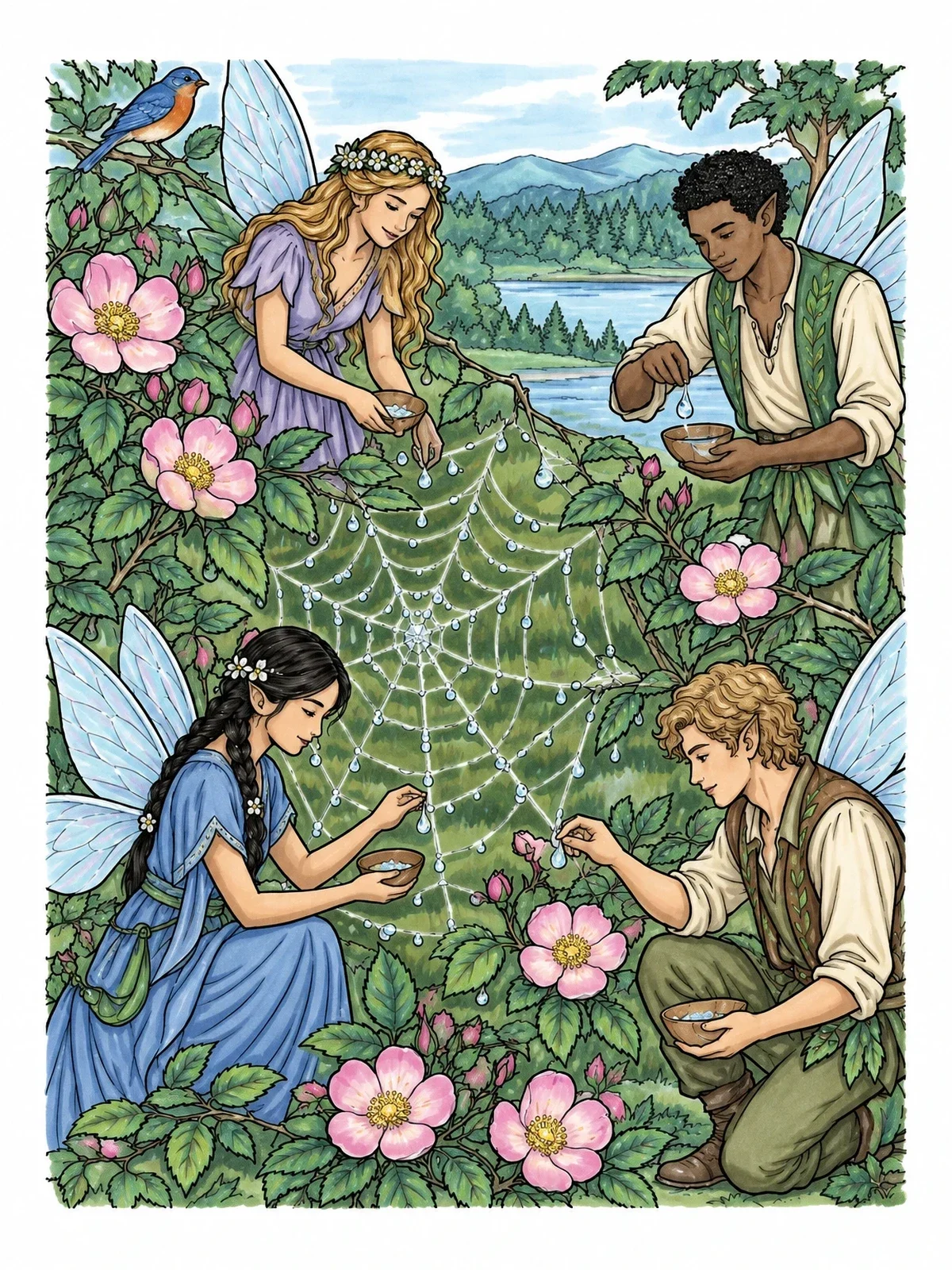 Colored example of the Fairies Collecting Dewdrops On Spiderweb coloring page