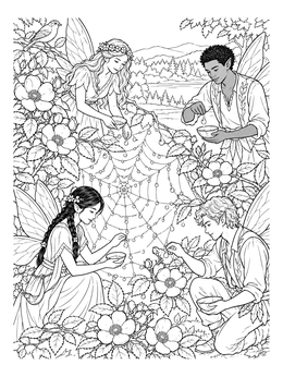 Free printable Fairies Collecting Dewdrops On Spiderweb coloring page