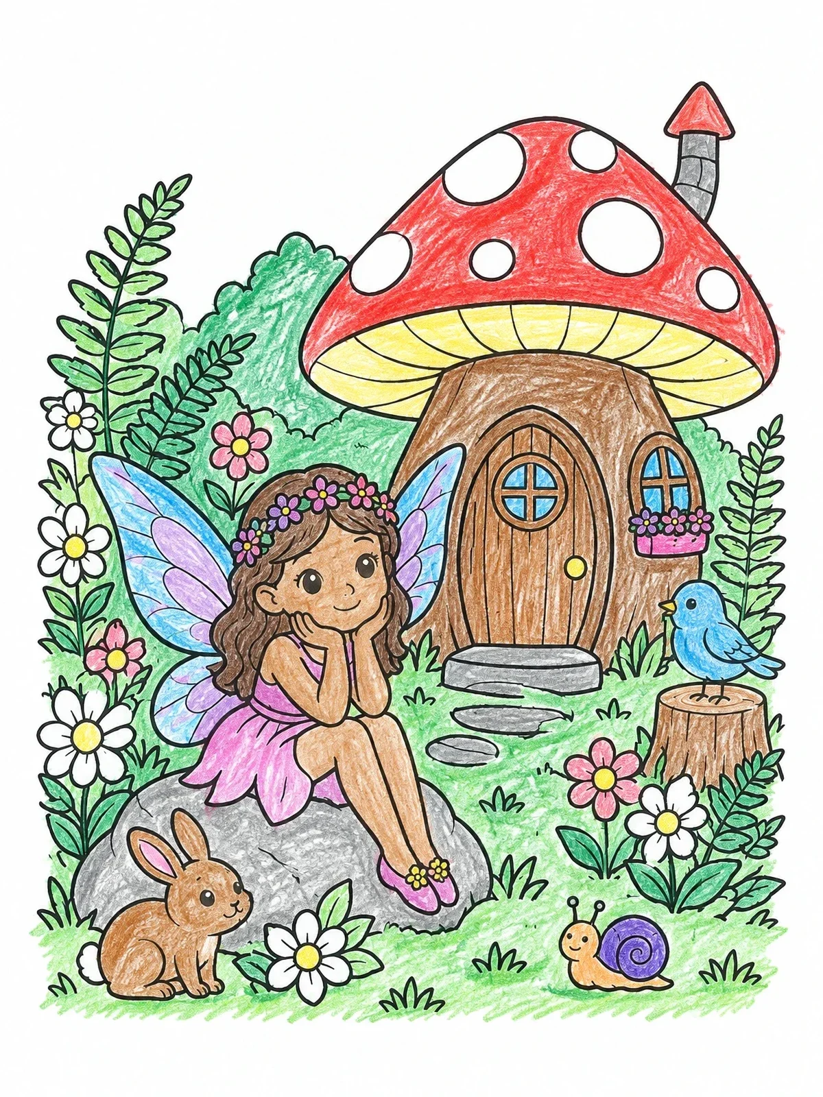 Colored example of the Fairy And Mushroom House coloring page