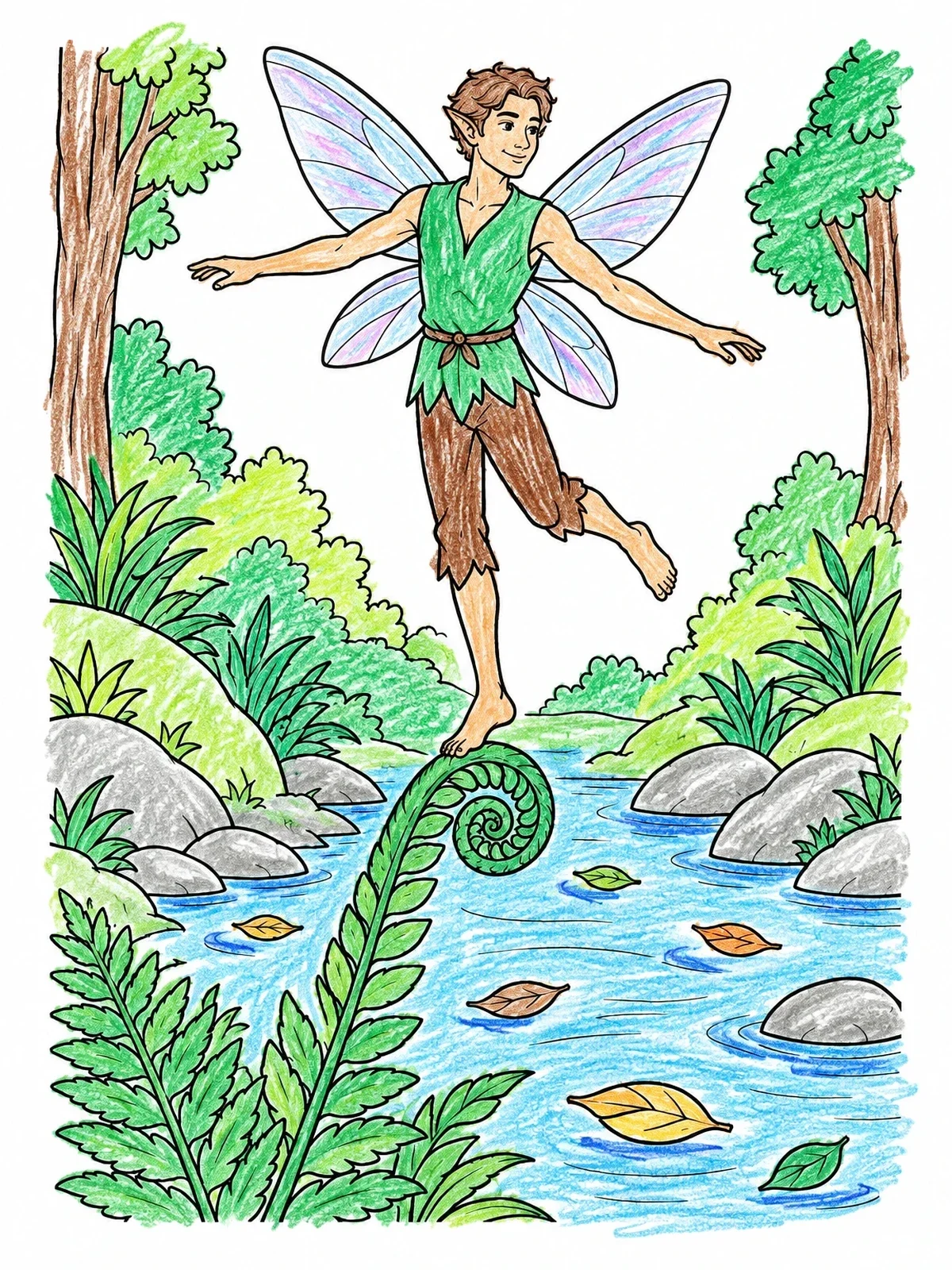 Colored example of the Fairy Balancing On A Fern coloring page