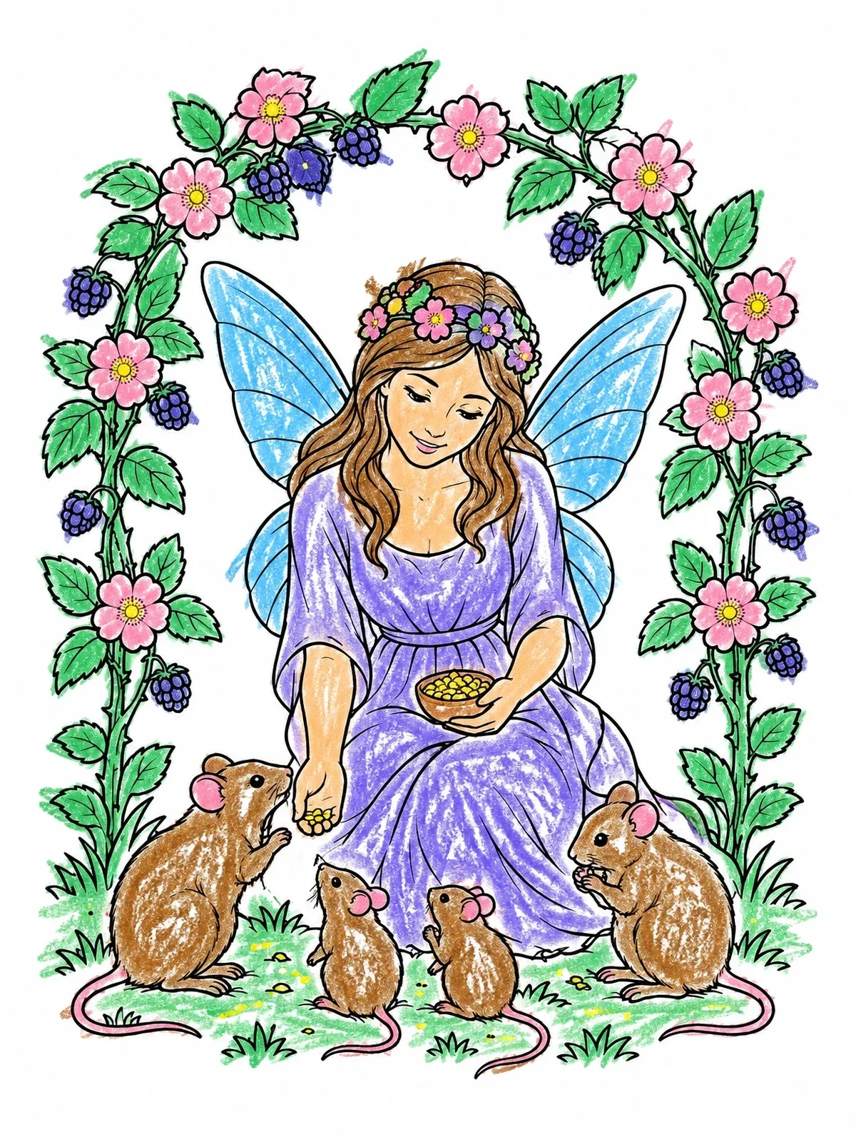 Colored example of the Fairy Feeding Mice Under Briar Arch coloring page