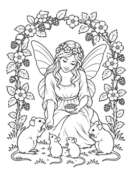 Free printable Fairy Feeding Mice Under Briar Arch coloring page