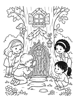 Free printable Children Discovering A Fairy Door coloring page