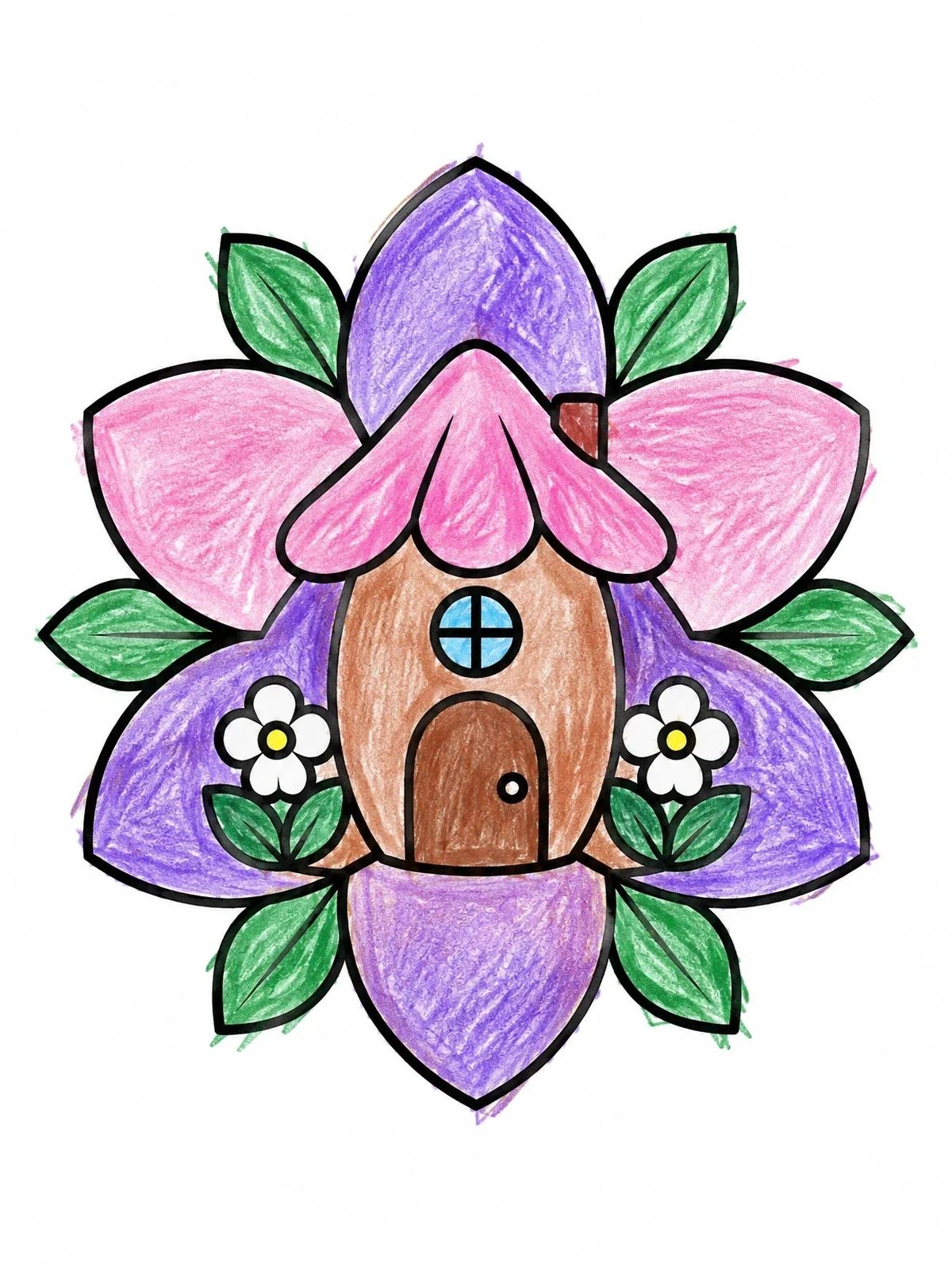 Colored example of the Cozy Flower Petal Fairy House coloring page