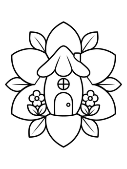 Free printable Cozy Flower Petal Fairy House coloring page