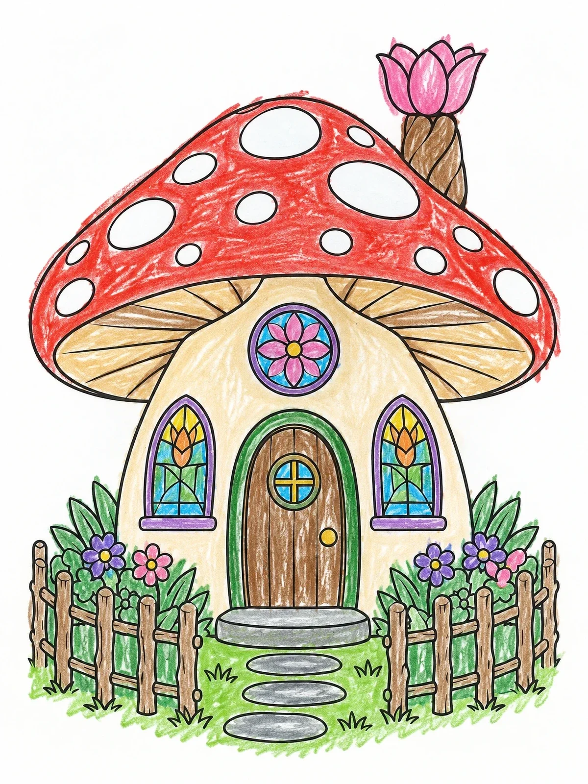 Colored example of the Cozy Mushroom Fairy House coloring page