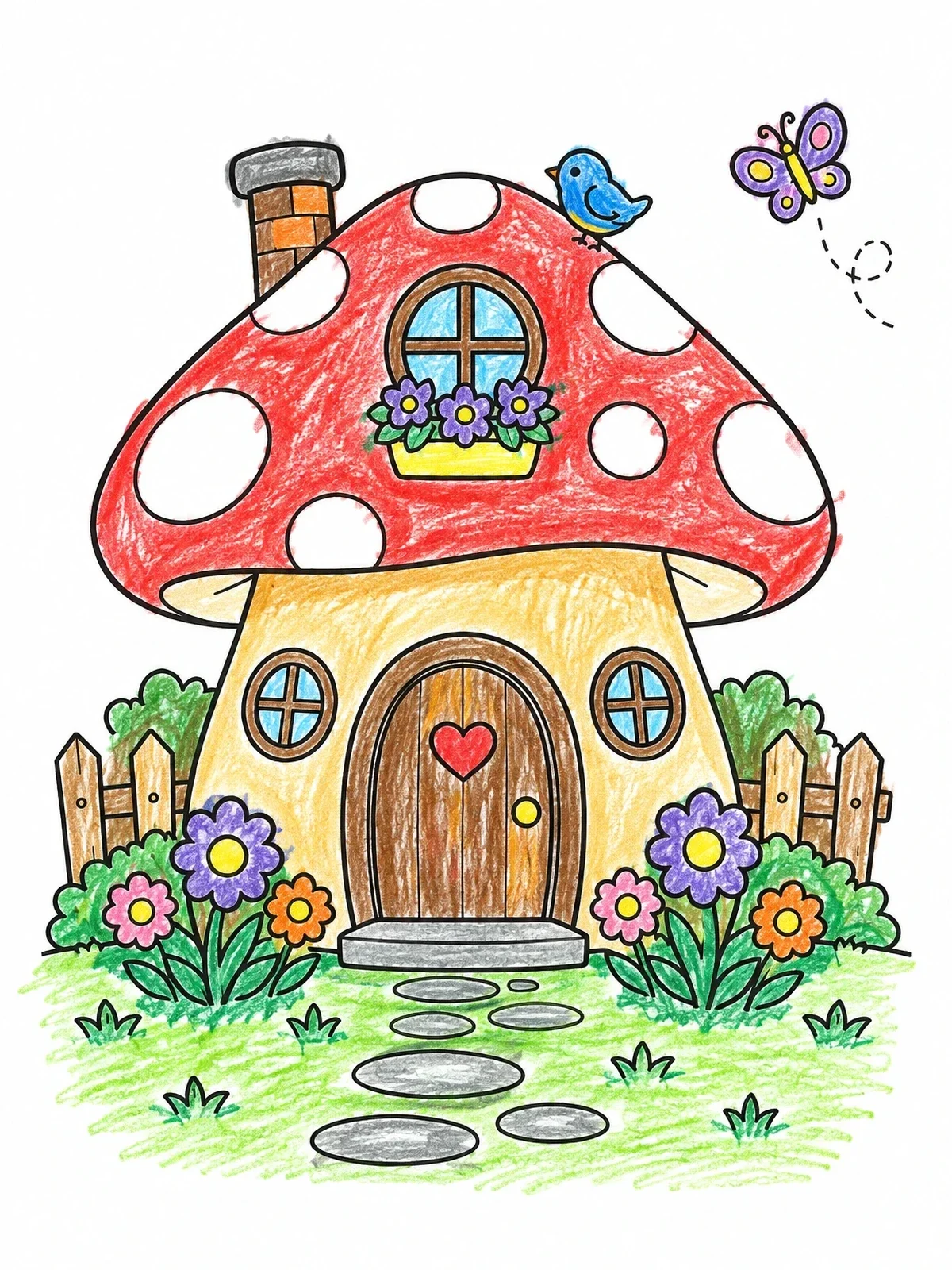Colored example of the Cozy Mushroom Fairy House With Garden coloring page