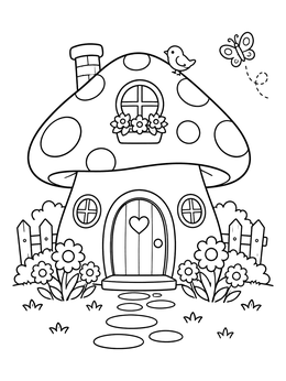 Free printable Cozy Mushroom Fairy House With Garden coloring page