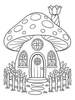 An enchanted forest fairy house coloring page with a mushroom roof, floral chimney, and garden fence.