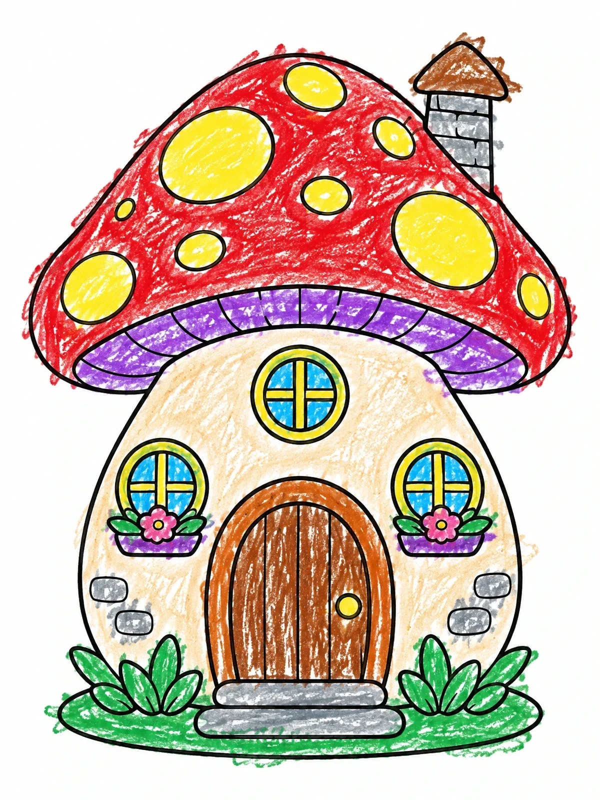 Colored example of the Cozy Mushroom Cottage coloring page
