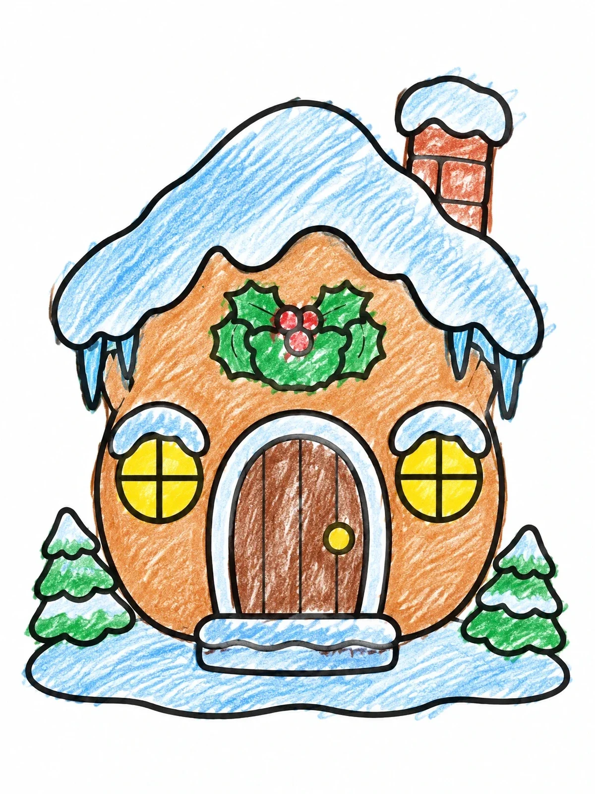 Colored example of the Cozy Winter Fairy Cottage coloring page
