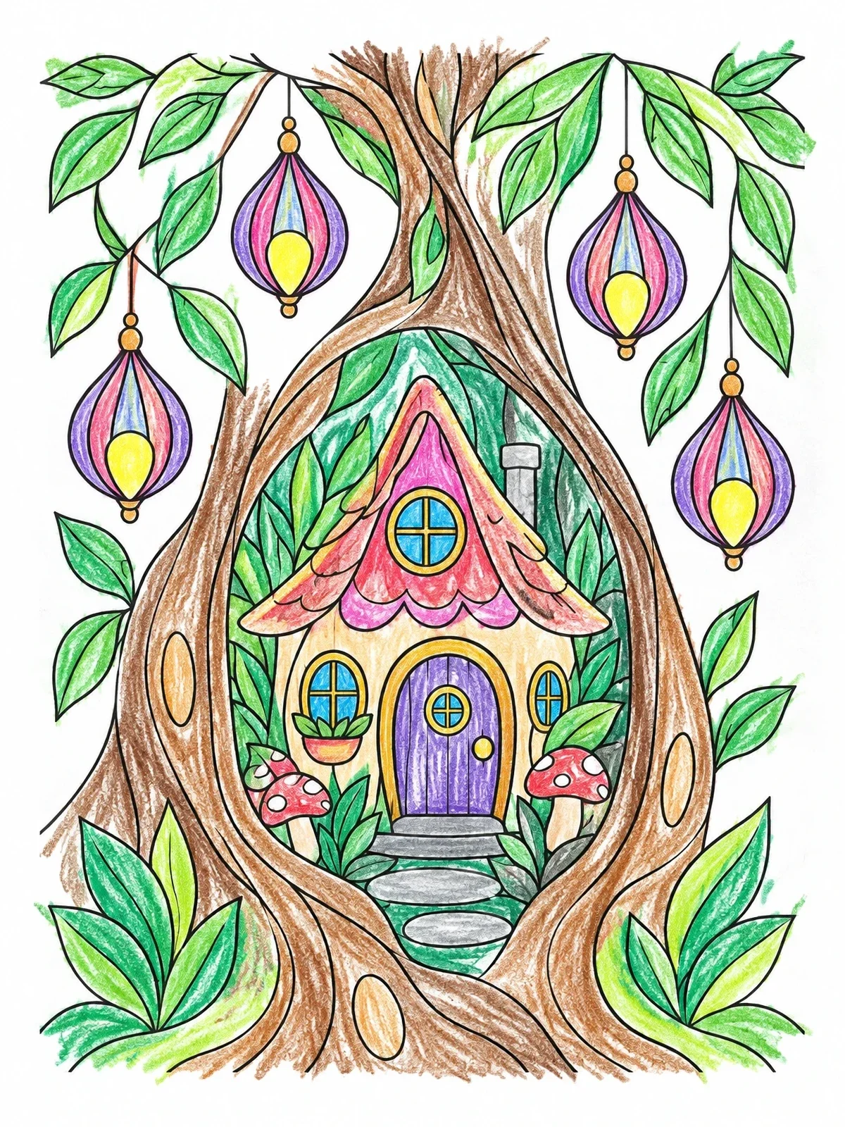 Colored example of the Fairy Cottage In Tree Hollow coloring page