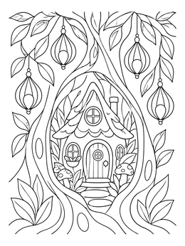 An enchanted forest fairy house coloring page with glowing lanterns hanging from leafy tree branches.