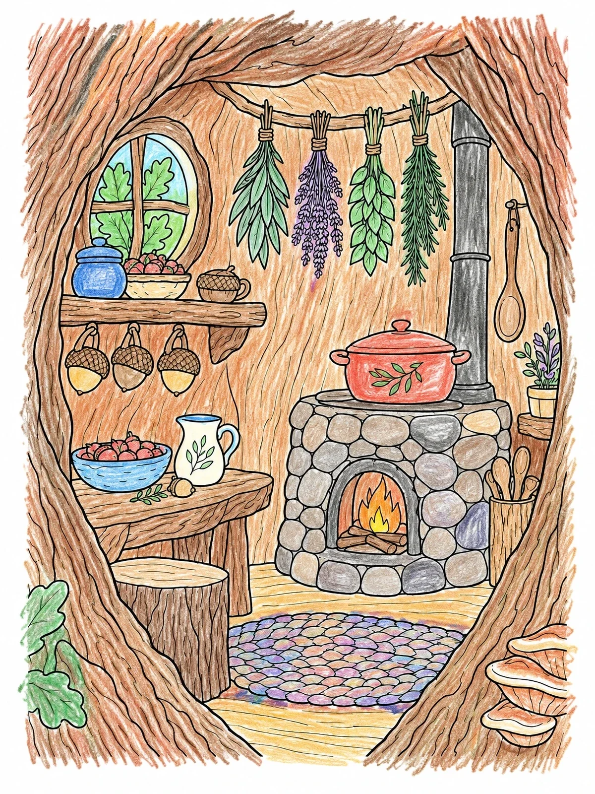 Colored example of the Fairy Kitchen In A Hollow Tree coloring page