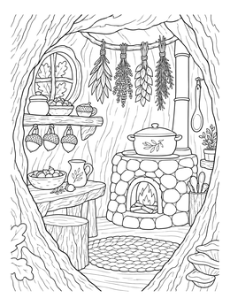 A cozy enchanted forest fairy house coloring page with a stone stove, drying herbs, and acorn cups inside a tree hollow.