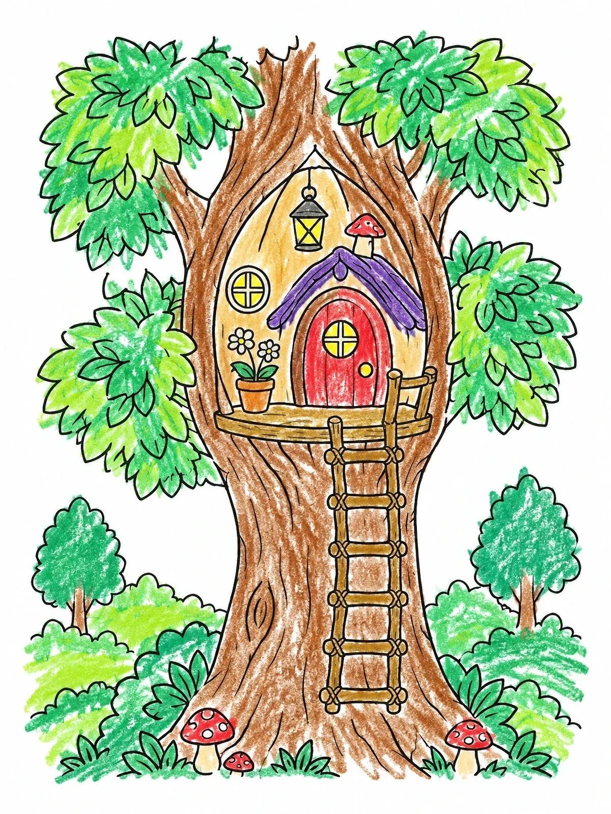 Colored example of the Fairy Treehouse In The Woods coloring page
