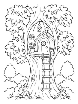 Free printable Fairy Treehouse In The Woods coloring page