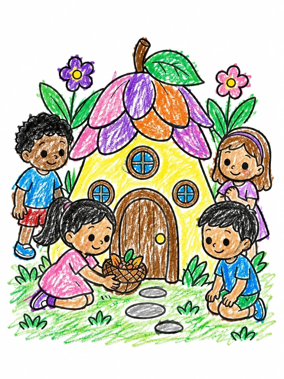 Colored example of the Children Visiting A Fairy House coloring page