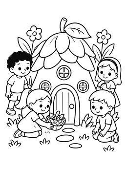 Free printable Children Visiting A Fairy House coloring page