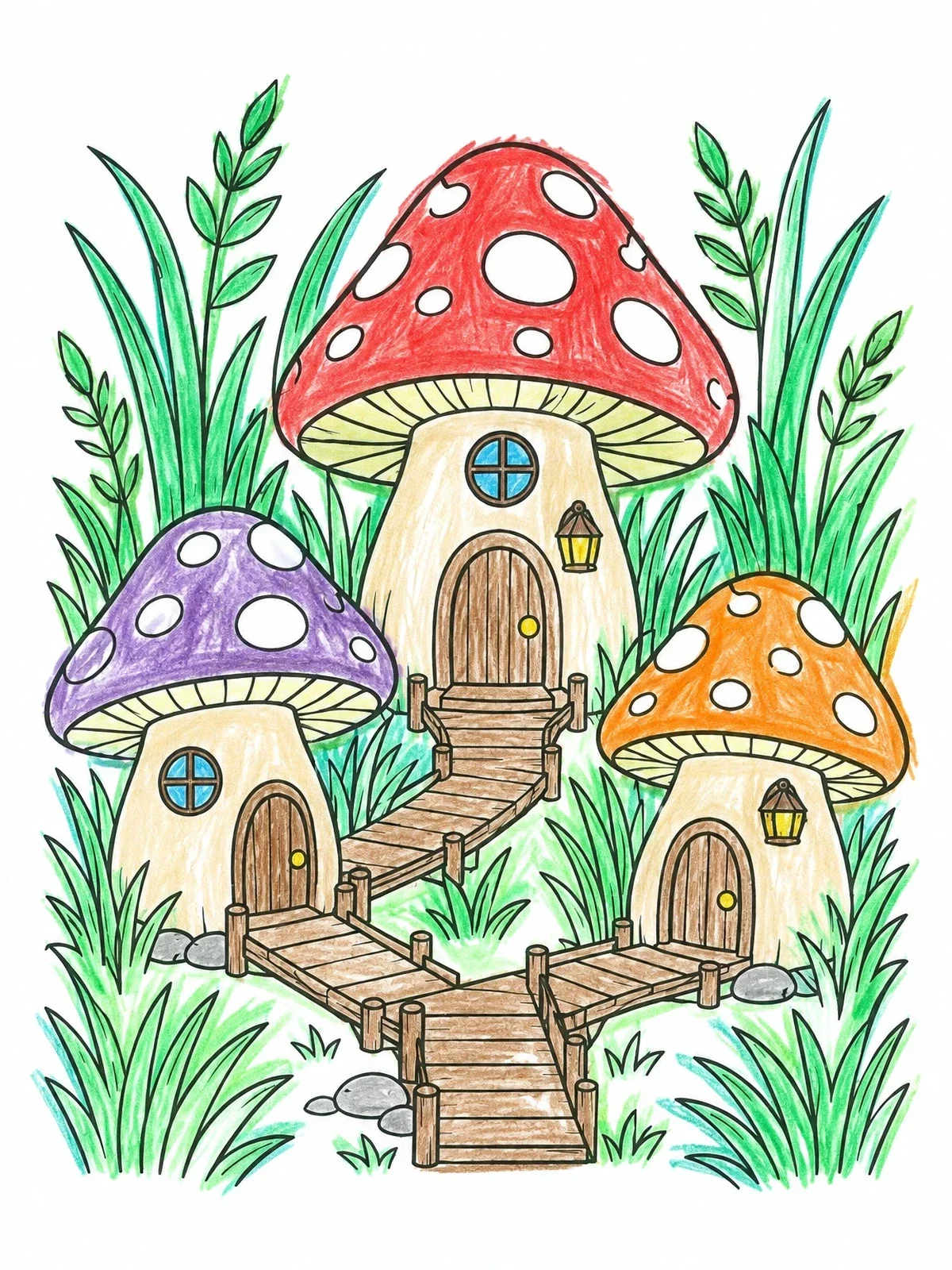 Colored example of the Trio Of Mushroom Cottages coloring page