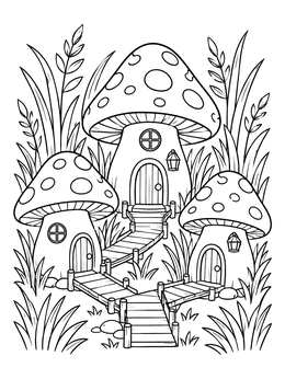 An enchanted forest fairy house coloring page with three mushroom cottages and wooden bridges.