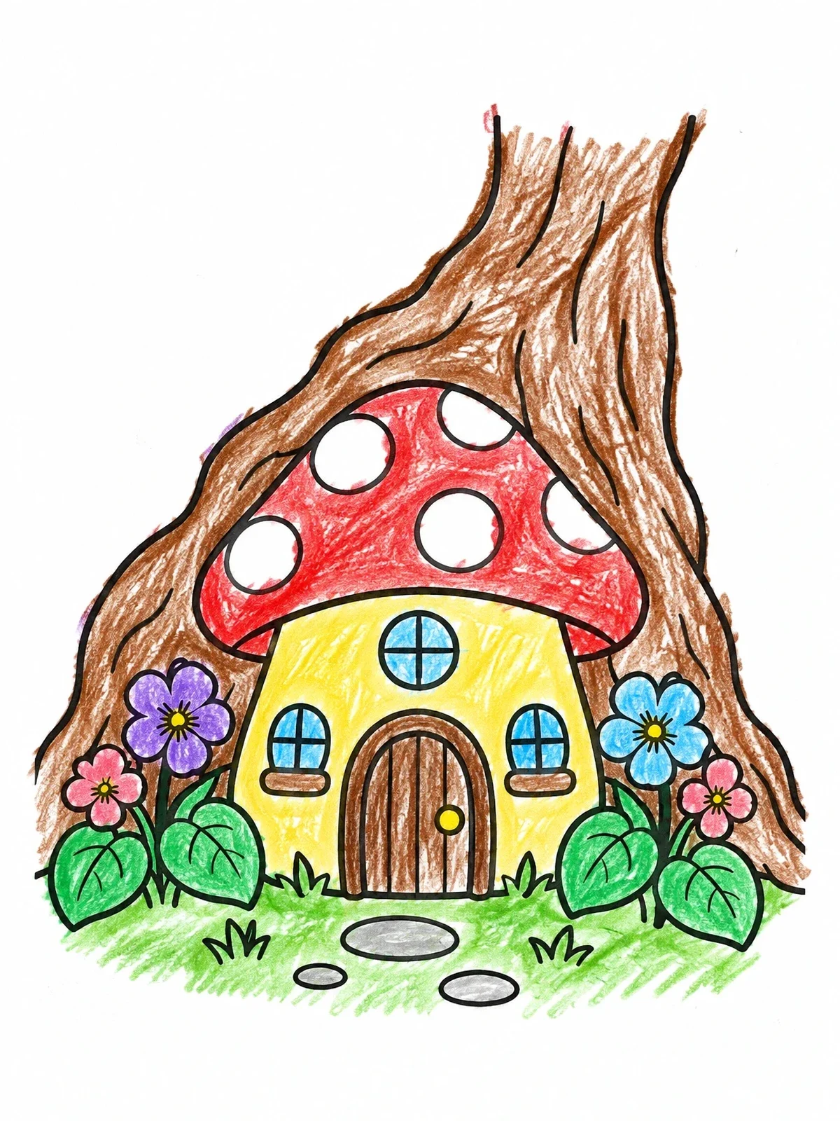 Colored example of the Mushroom Fairy Cottage By Tree coloring page