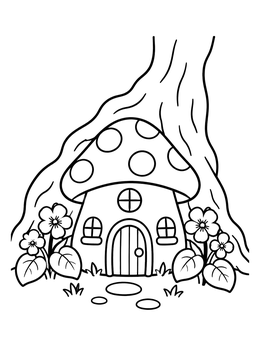 Free printable Mushroom Fairy Cottage By Tree coloring page