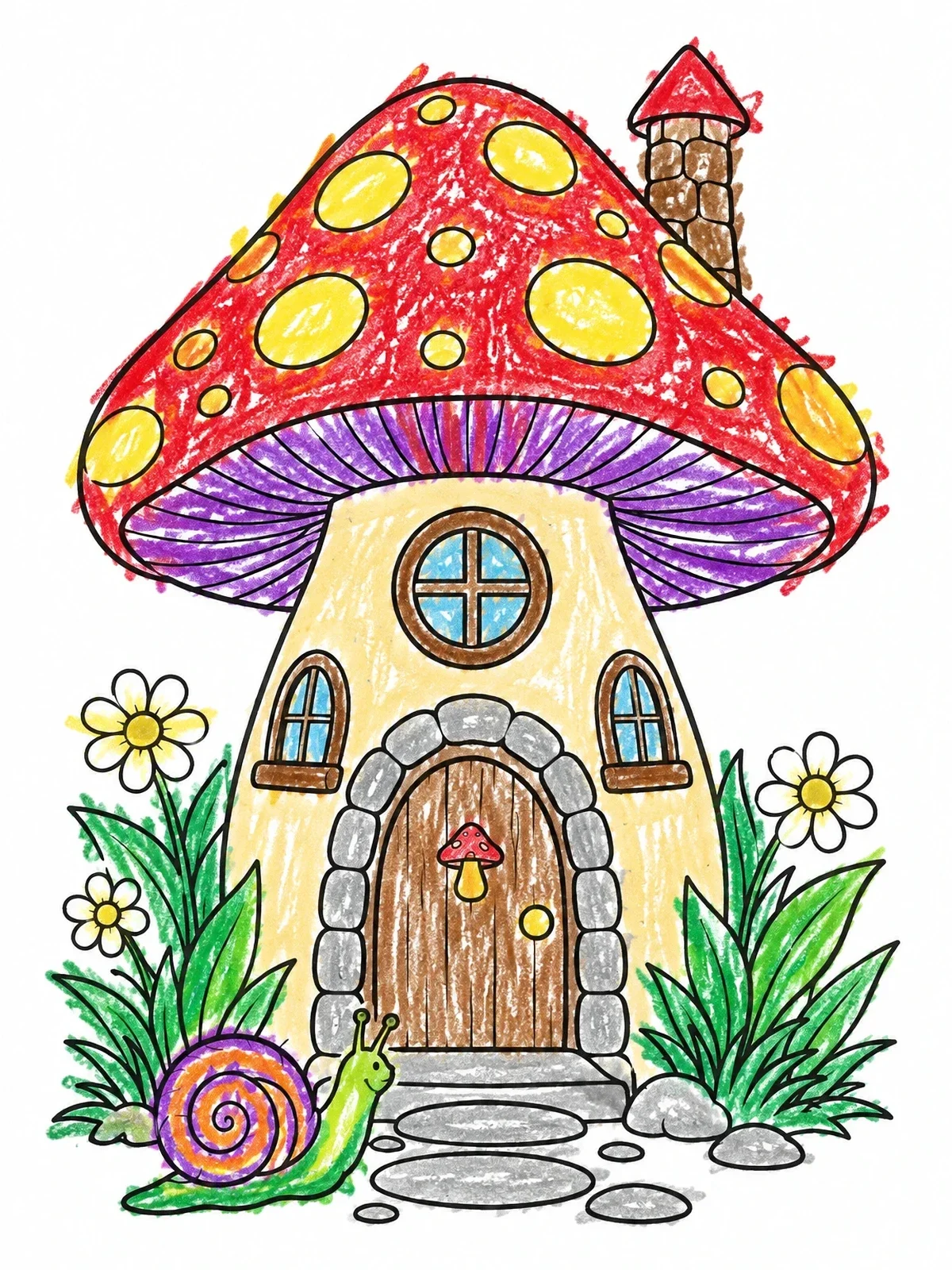 Colored example of the Mushroom Fairy House With Snail coloring page