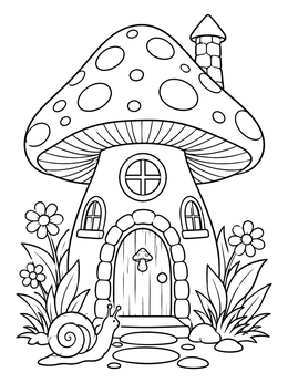 A cute enchanted forest fairy house coloring page with a snail outside.