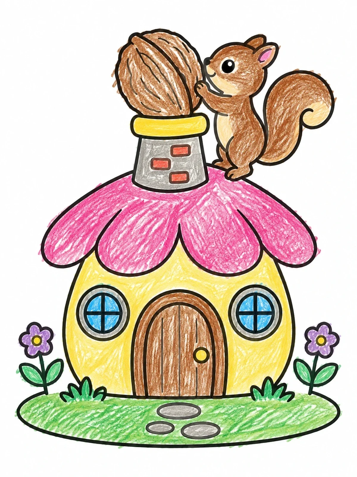 Colored example of the Squirrel On Fairy House Chimney coloring page