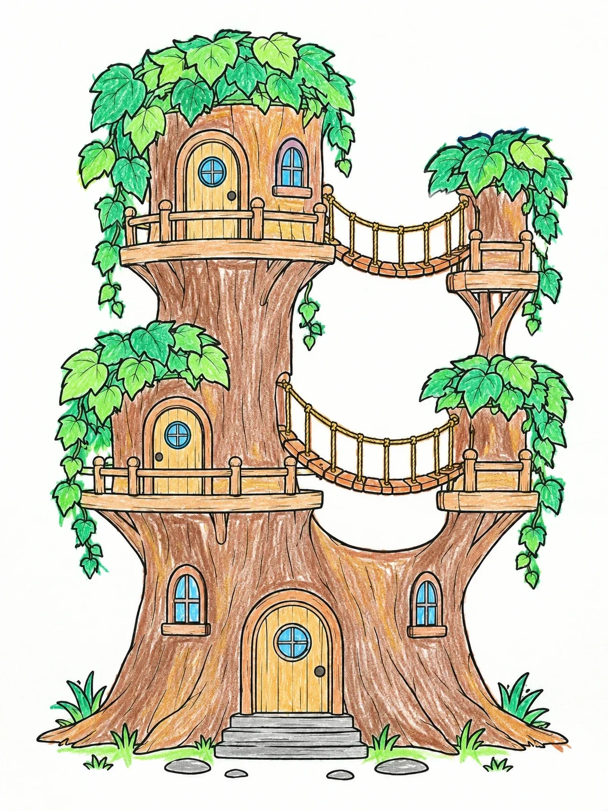 Colored example of the Multi Level Tree Stump Fairy House coloring page