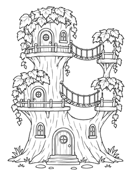 Free printable Multi Level Tree Stump Fairy House coloring page