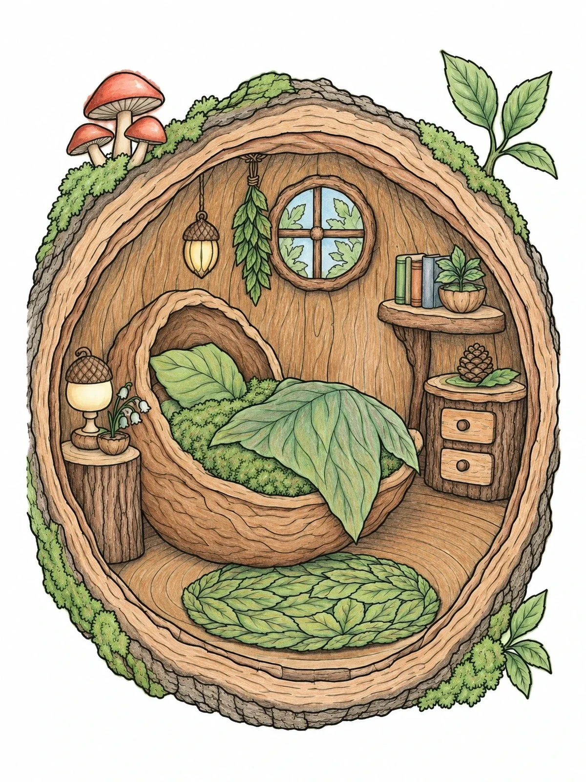 Colored example of the Cozy Tree Trunk Fairy Bedroom coloring page