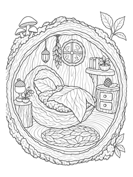 An enchanted forest fairy house coloring page with a walnut shell bed inside a hollow tree.