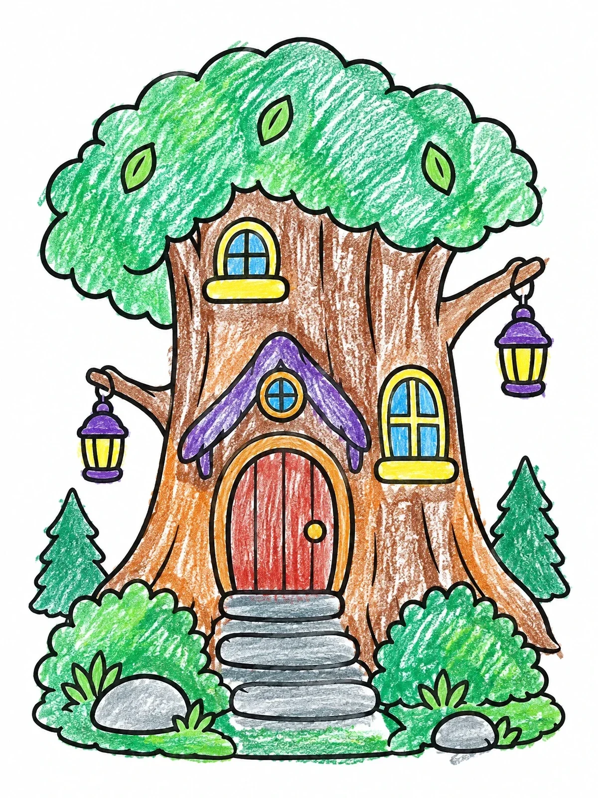 Colored example of the Cozy Tree Trunk Fairy Cottage coloring page