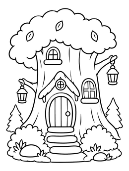Free printable Cozy Tree Trunk Fairy Cottage coloring page